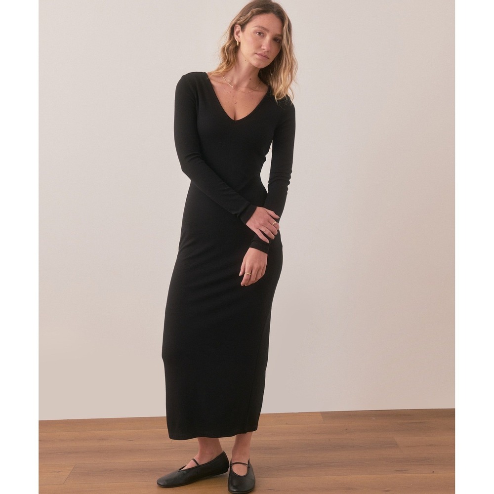 Marine Layer Lexi Rib V-Neck Maxi Dress Black Long Sleeve Size Small NEW